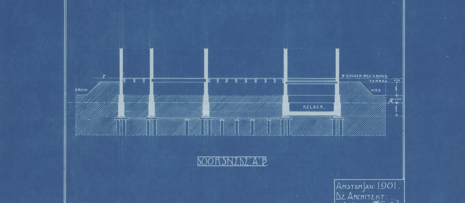 A cyanotype architectural blueprint of a foundation plan, annotated by hand.