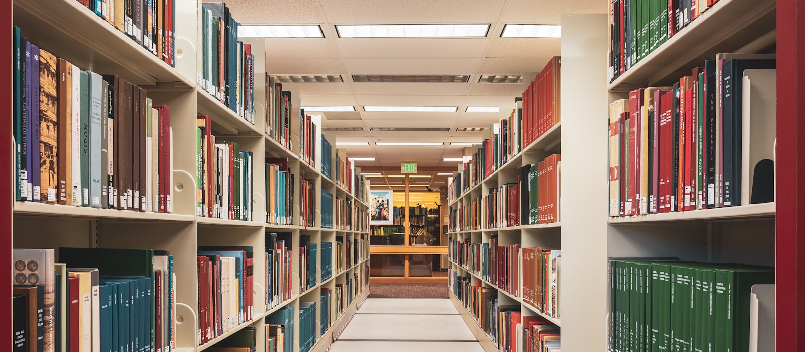 A long row of bound volumes on a library shelf, receding into the distance.